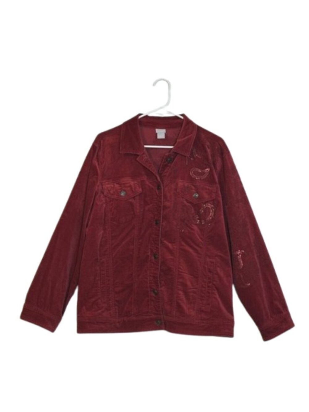 Chico's Red Velveteen Sequin Paisley Jacket 3 Embellished Button Front Velvet